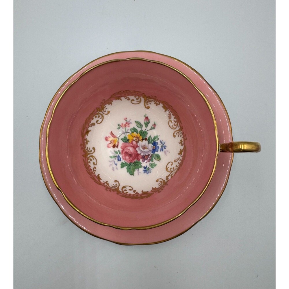 Aynsley Fine Bone China Teacup & Saucer Set Low Doris Pink Floral Rose #1336